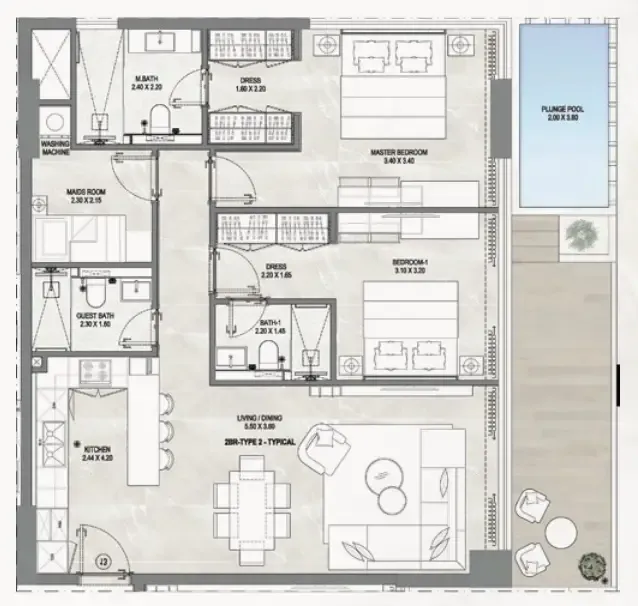 Gharbi 1 Residences 2 bed floor plan, 2,095 sqft
