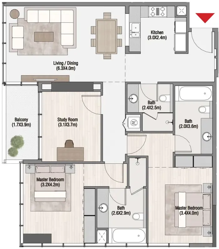 South Living 2 bed floor plan, 1,466 sqft