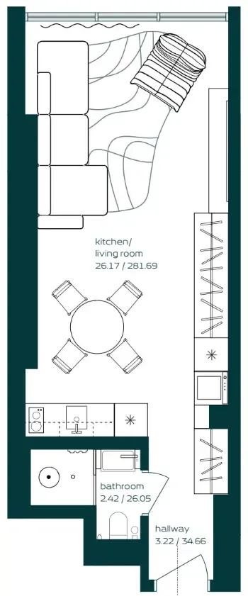 Vibe Studio floor plan, 395 sqft