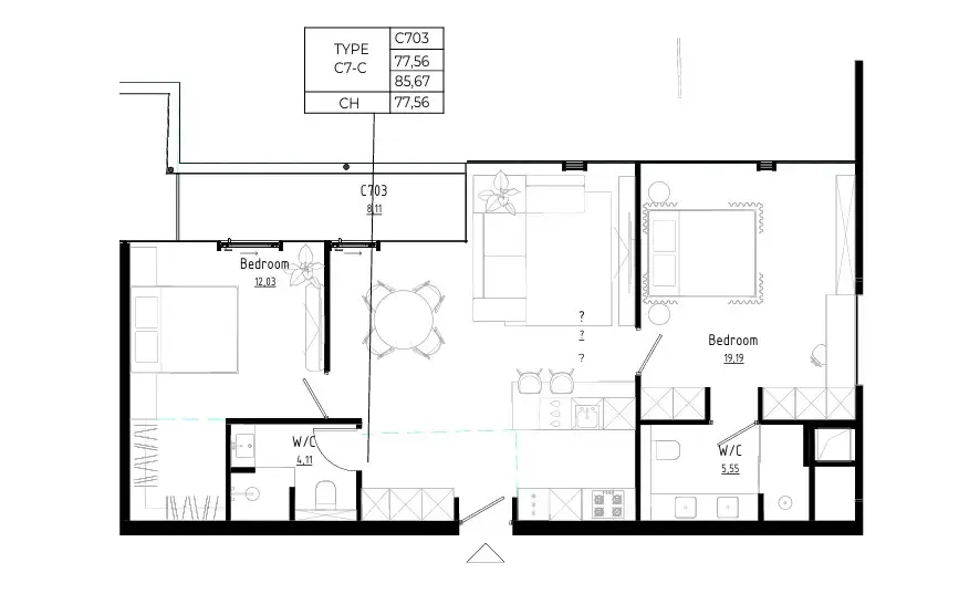 Bamboo Forest 2 bed floor plan, 926 sqft