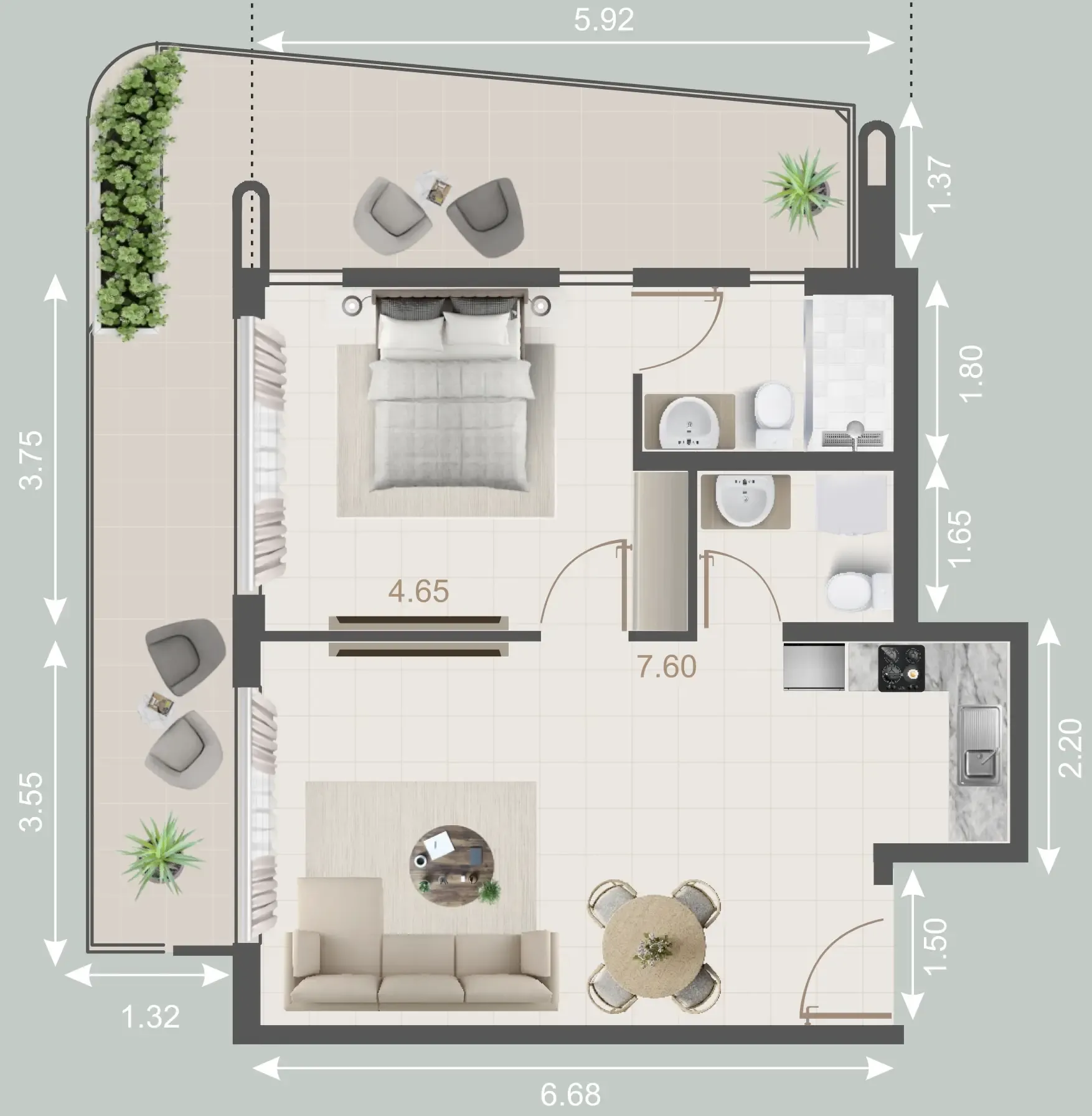 Galleria Residences 1 bed floor plan, 943 – 955 sqft