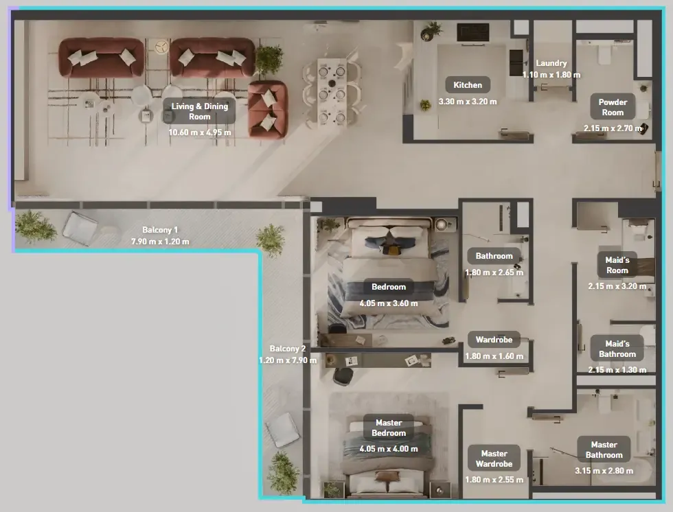 Luluat Marina at Luluat Al Raha 2 bed floor plan, 1,942 sqft