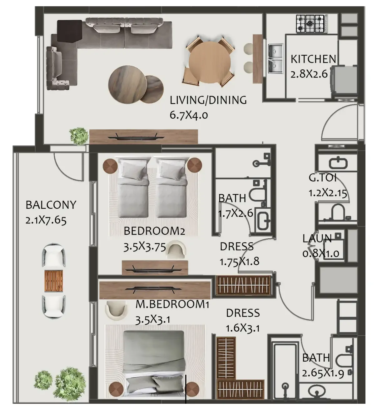 Hillside Residences 2 bed floor plan, 1,312 sqft