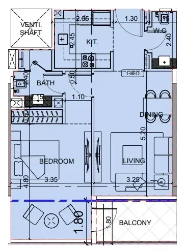 Binghatti Cullinan 1 bed floor plan, 702 sqft