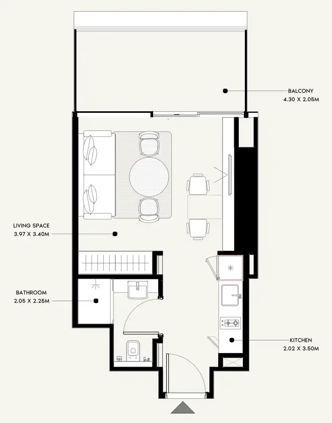 Azizi Milan Studio floor plan, 412 sqft