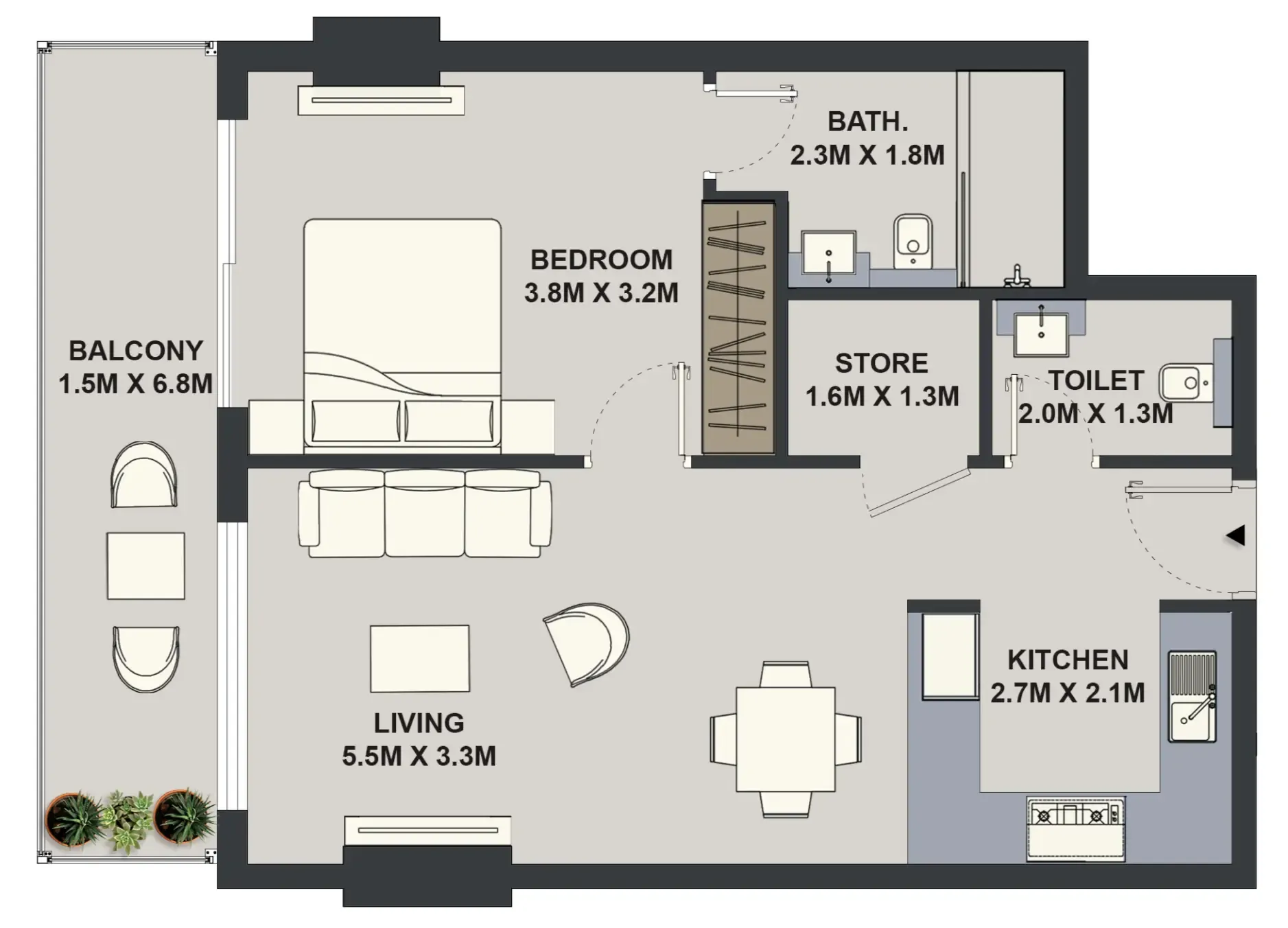 Maison Elysee 1 bed floor plan, 708 sqft