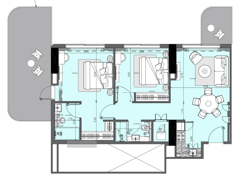Azizi Wasel 2 bed floor plan, 1,122 sqft