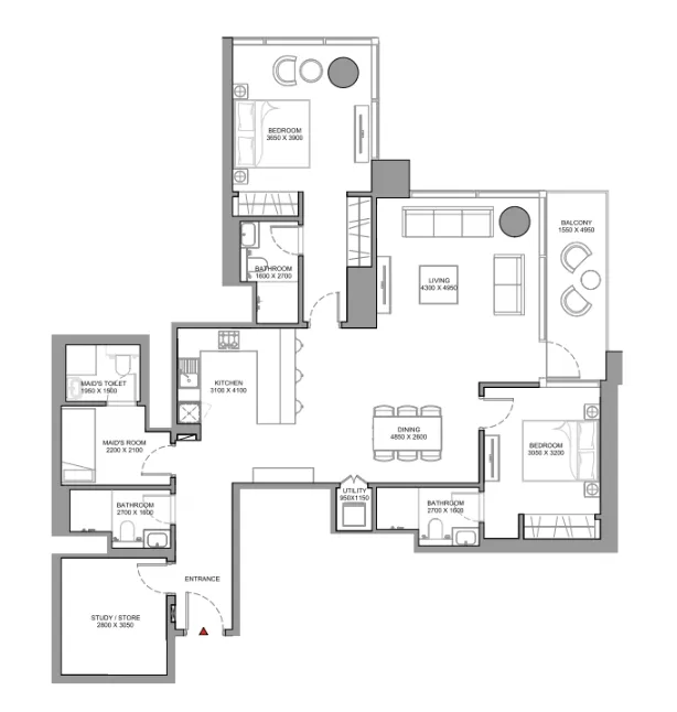 Skyscape 2 bed floor plan, 1,562 – 1,731 sqft