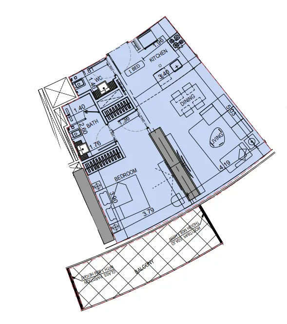 Binghatti Flare 1 bed floor plan, 860 sqft
