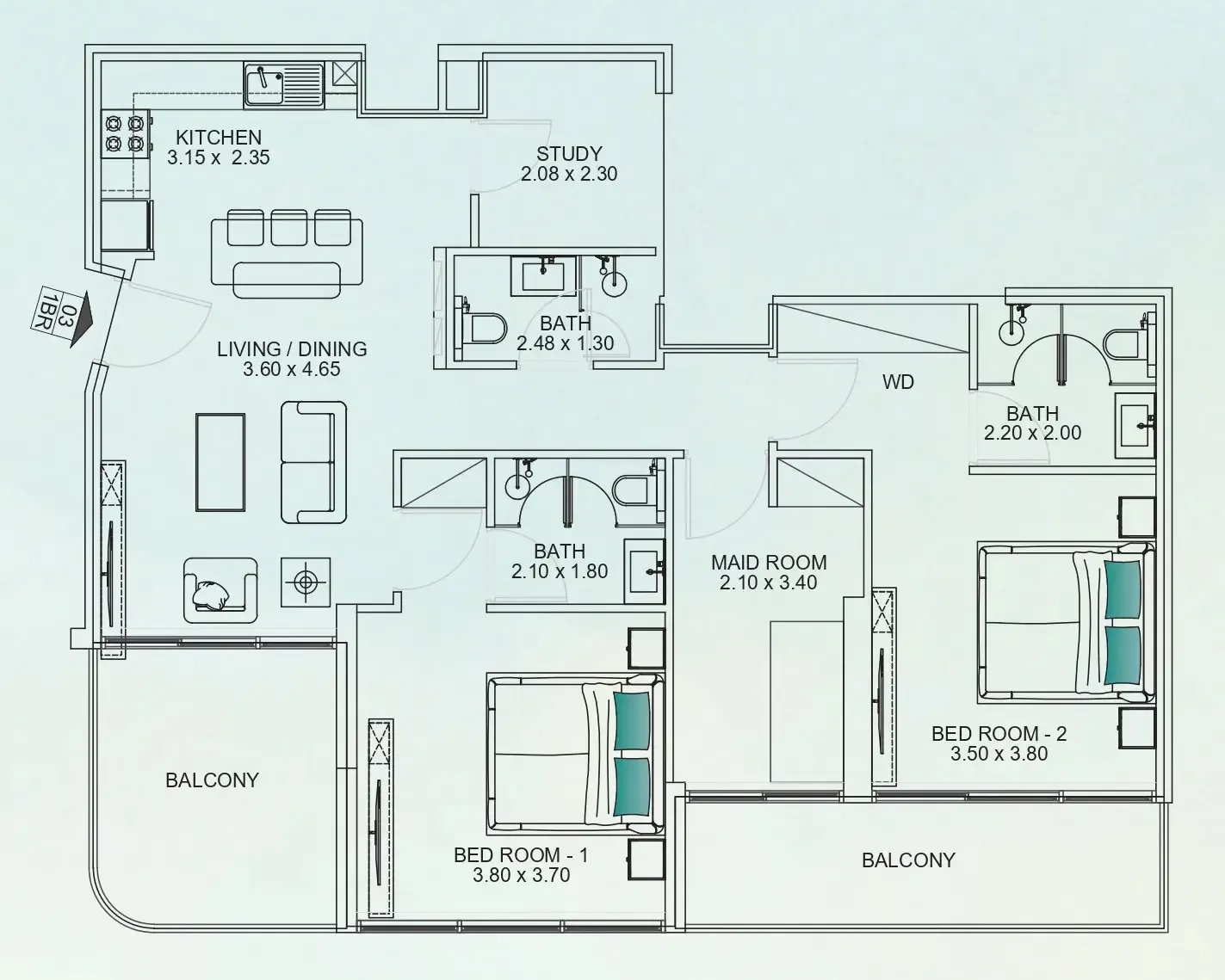 Floarea Breeze 2 bed floor plan, 1,324 sqft