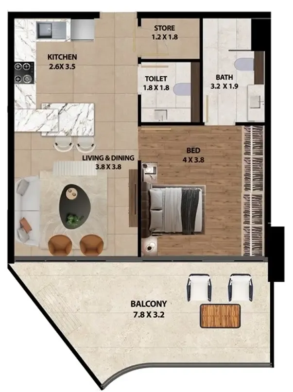 Marquis One 1 bed floor plan, 888 sqft