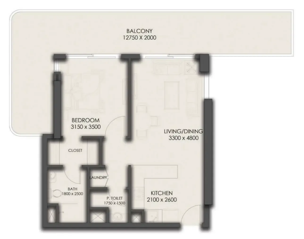 Park Residency 1 bed floor plan, 915 sqft