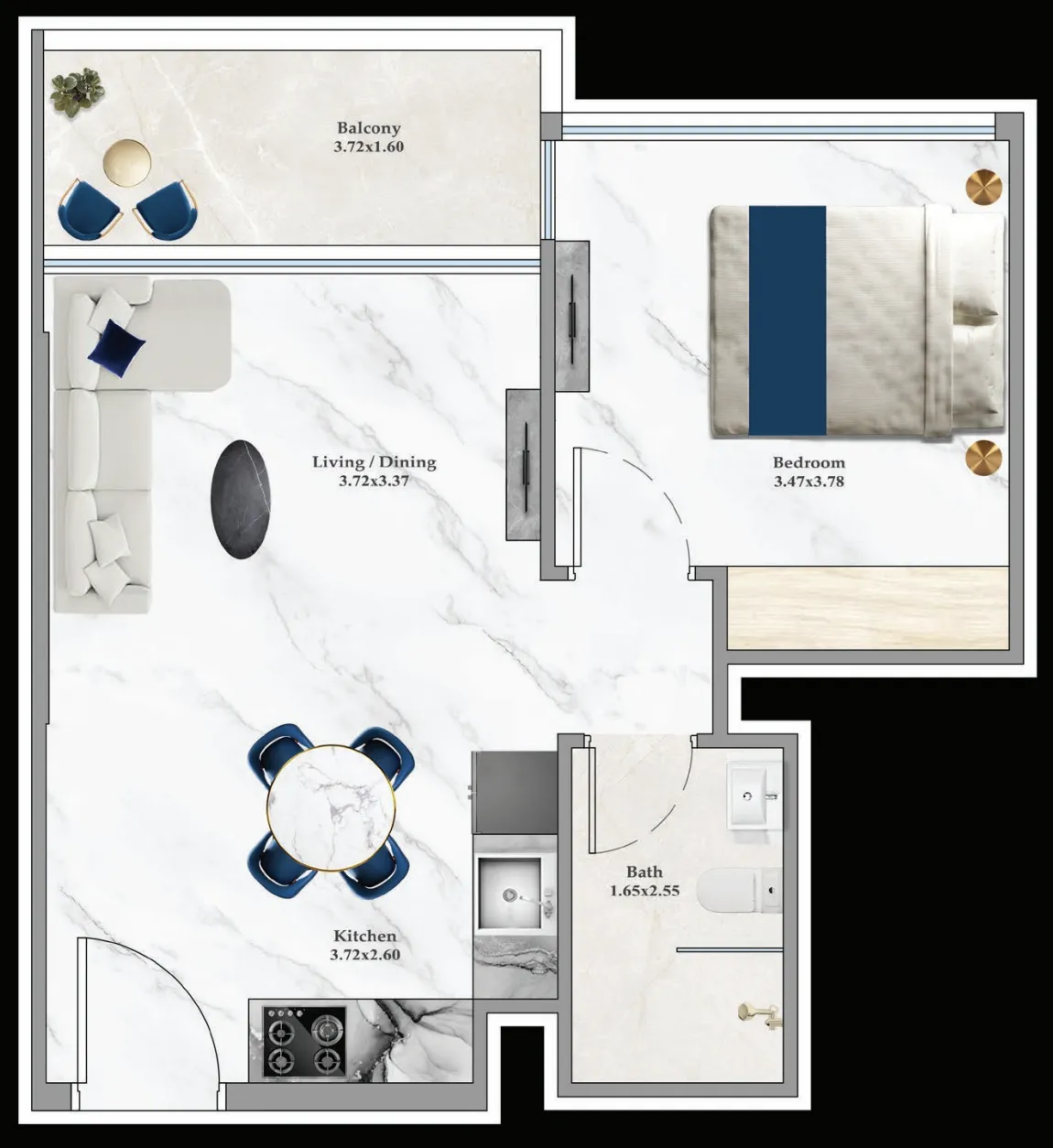 Aspirz 1 bed floor plan, 480 – 496 sqft