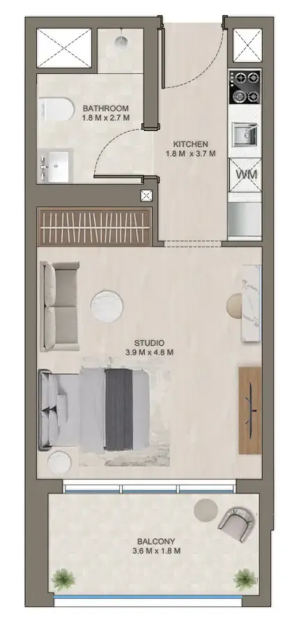 The Corner Studio floor plan, 417 sqft