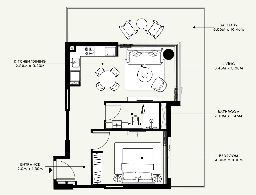 Azizi Venice 1 bed floor plan, 720 – 884 sqft