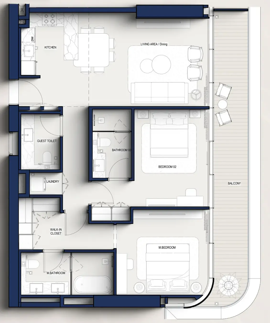 Hilton Residences 2 bed floor plan, 1,274 sqft