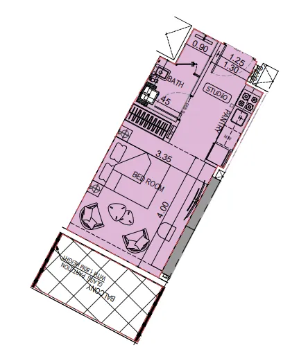 Binghatti Flare Studio floor plan, 384 sqft
