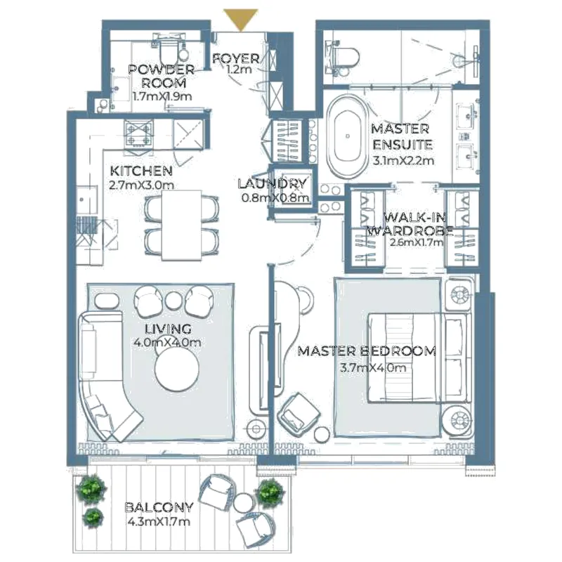 Fairmont Residences Al Marjan Island 1 bed floor plan, 845 – 854 sqft