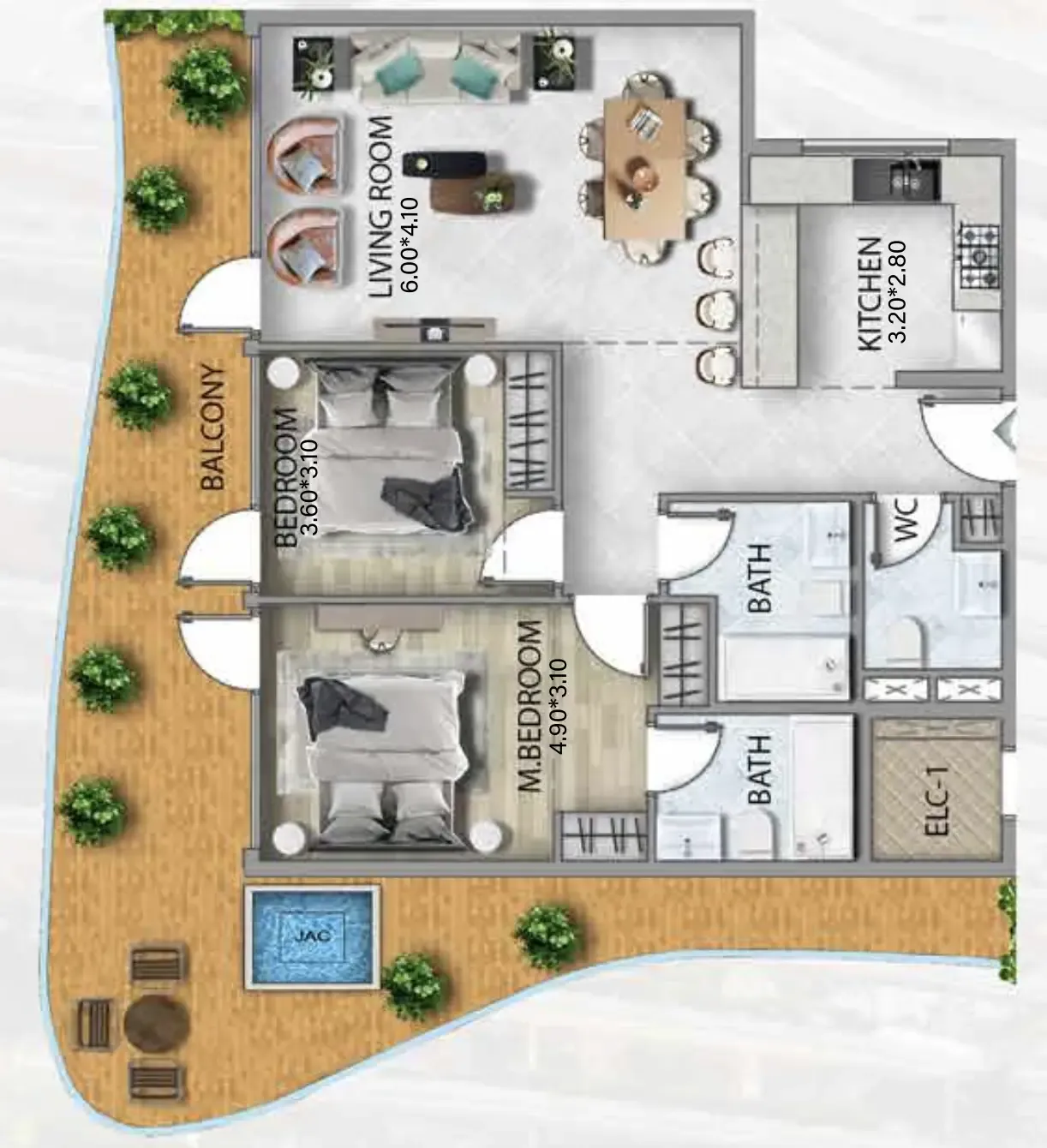 311 Boulevard 2 bed floor plan, 1,432 sqft