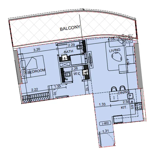 Binghatti Aquarise 1 bed floor plan, 881 sqft