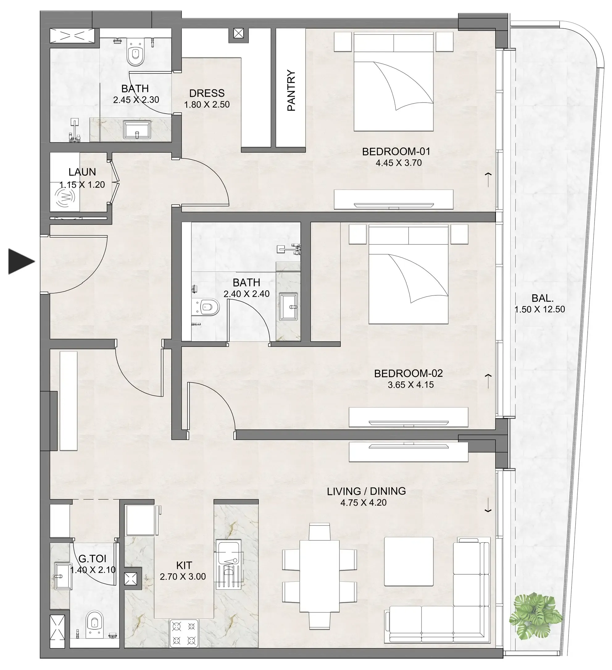 Luzora Residence 2 bed floor plan, 1,460 sqft