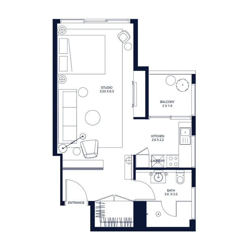 The Atria Studio floor plan, 617 sqft