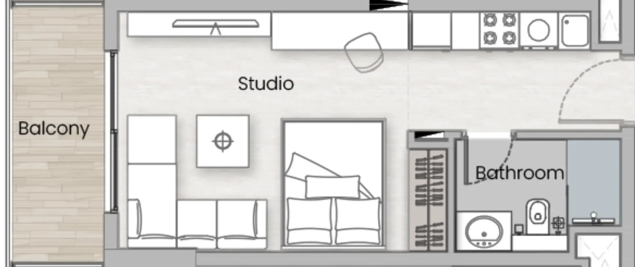 One Beverly Studio floor plan, 390 sqft
