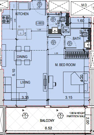 Binghatti Amberhall 1 bed floor plan, 723 sqft
