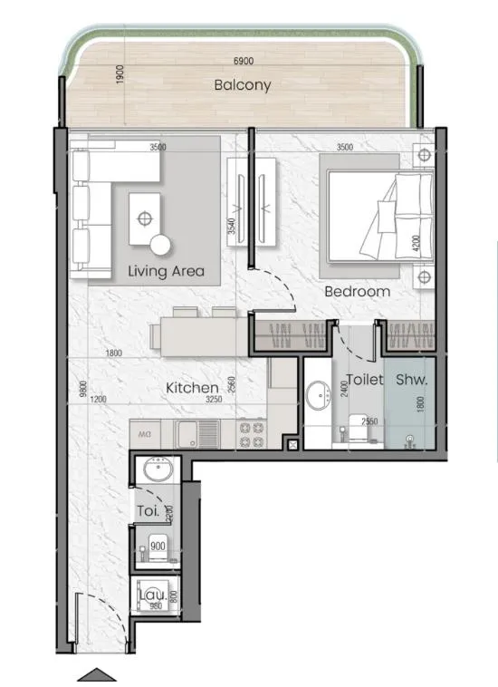 I'Sola Bella 1 bed floor plan, 729 sqft