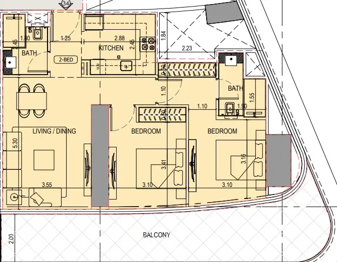 Binghatti Sky Terraces 2 bed floor plan, 1,152 – 1,160 sqft