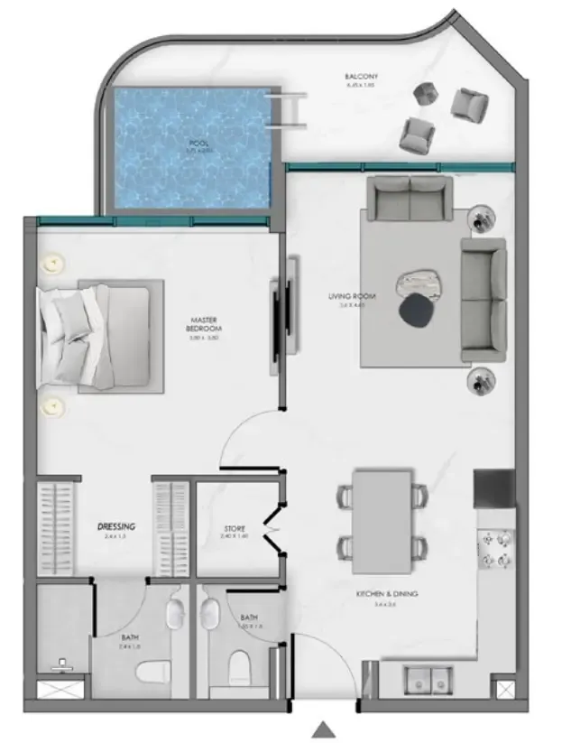 Samana Ocean Bay 1 bed floor plan, 823 sqft