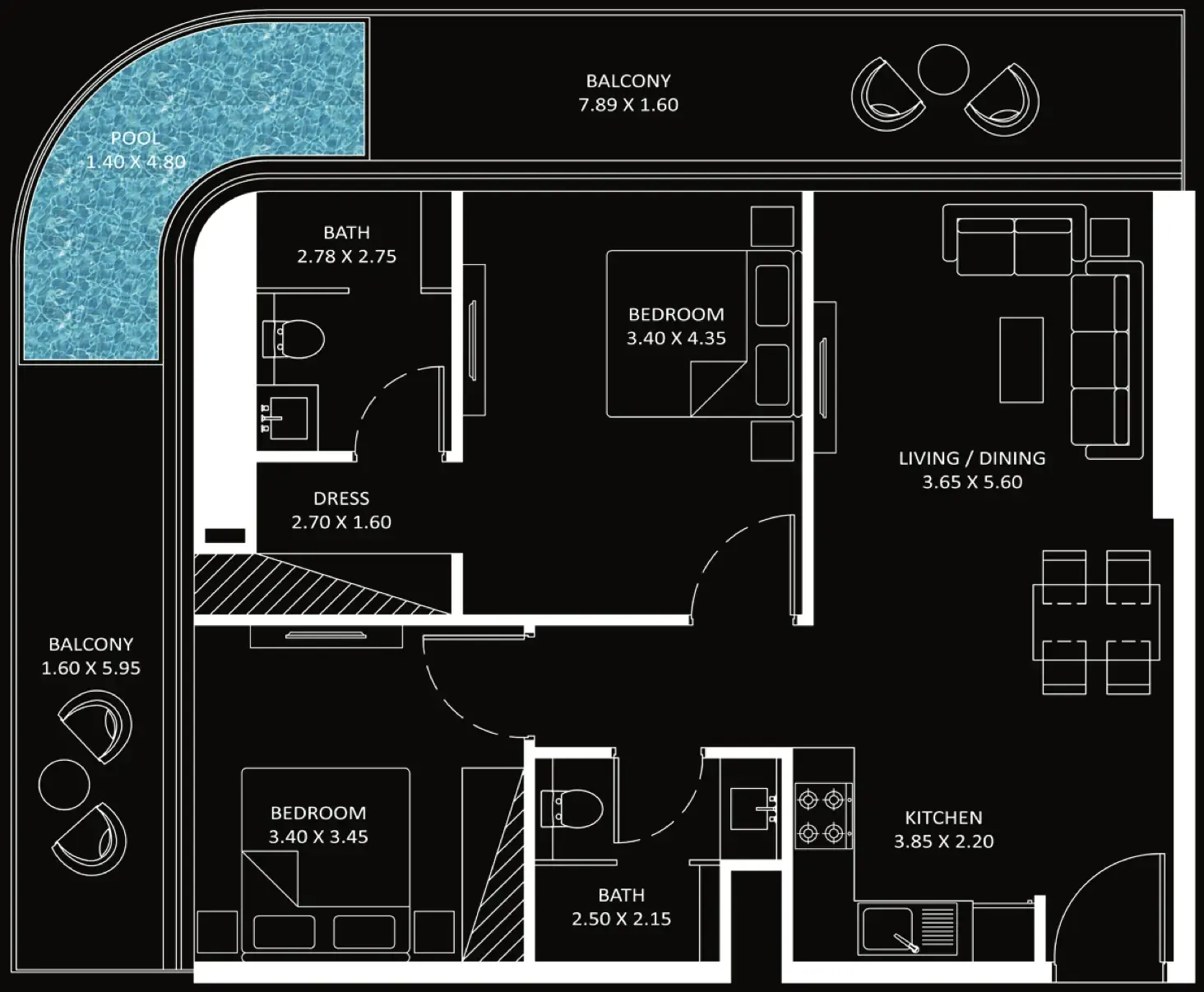 Bayz 101 2 bed floor plan, 1,128 sqft