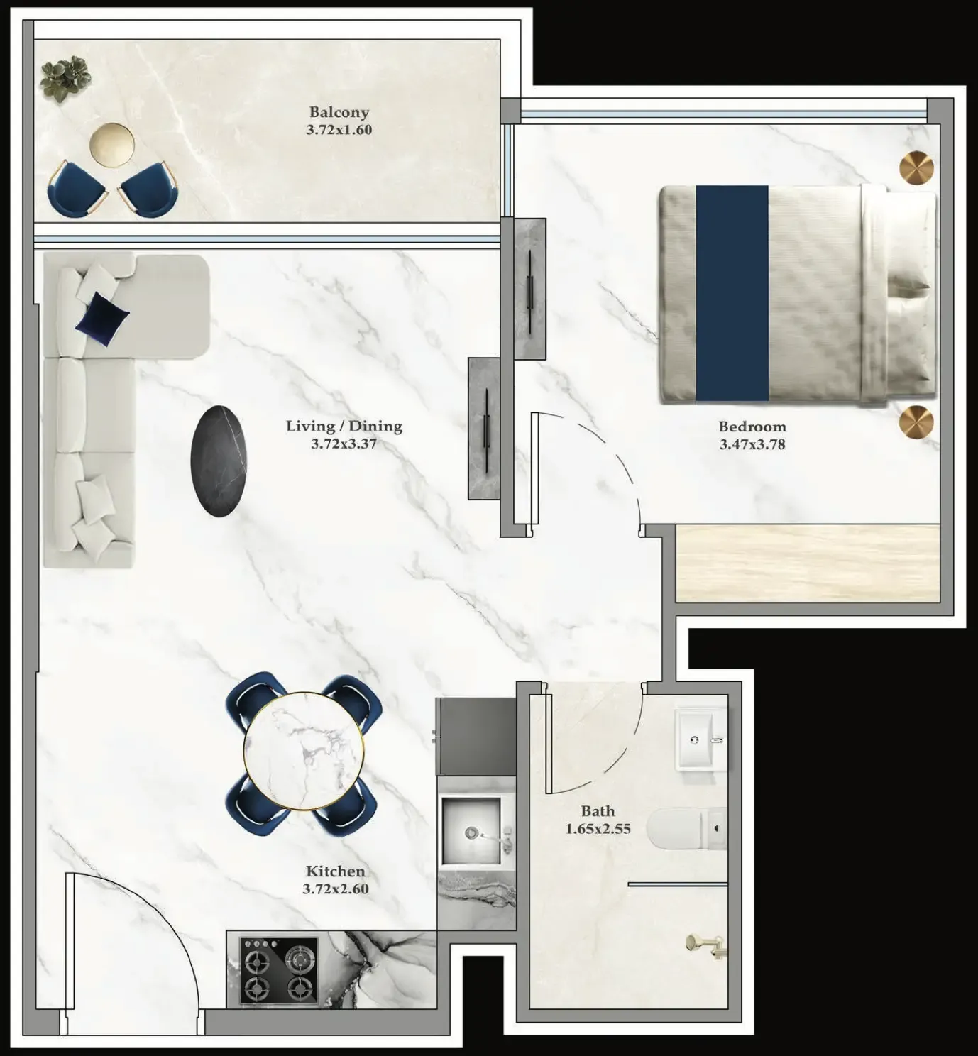 Aspirz 1 bed floor plan, 473 sqft