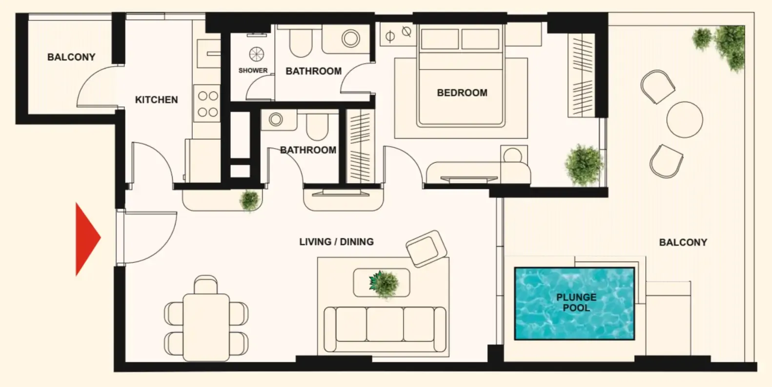 The Elysian 1 bed floor plan, 1,006 sqft
