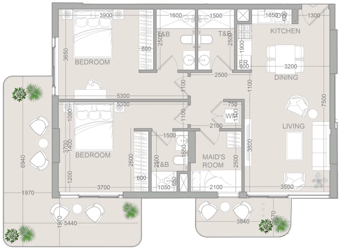 TETR1S Tower 2 bed floor plan, 1,243 sqft