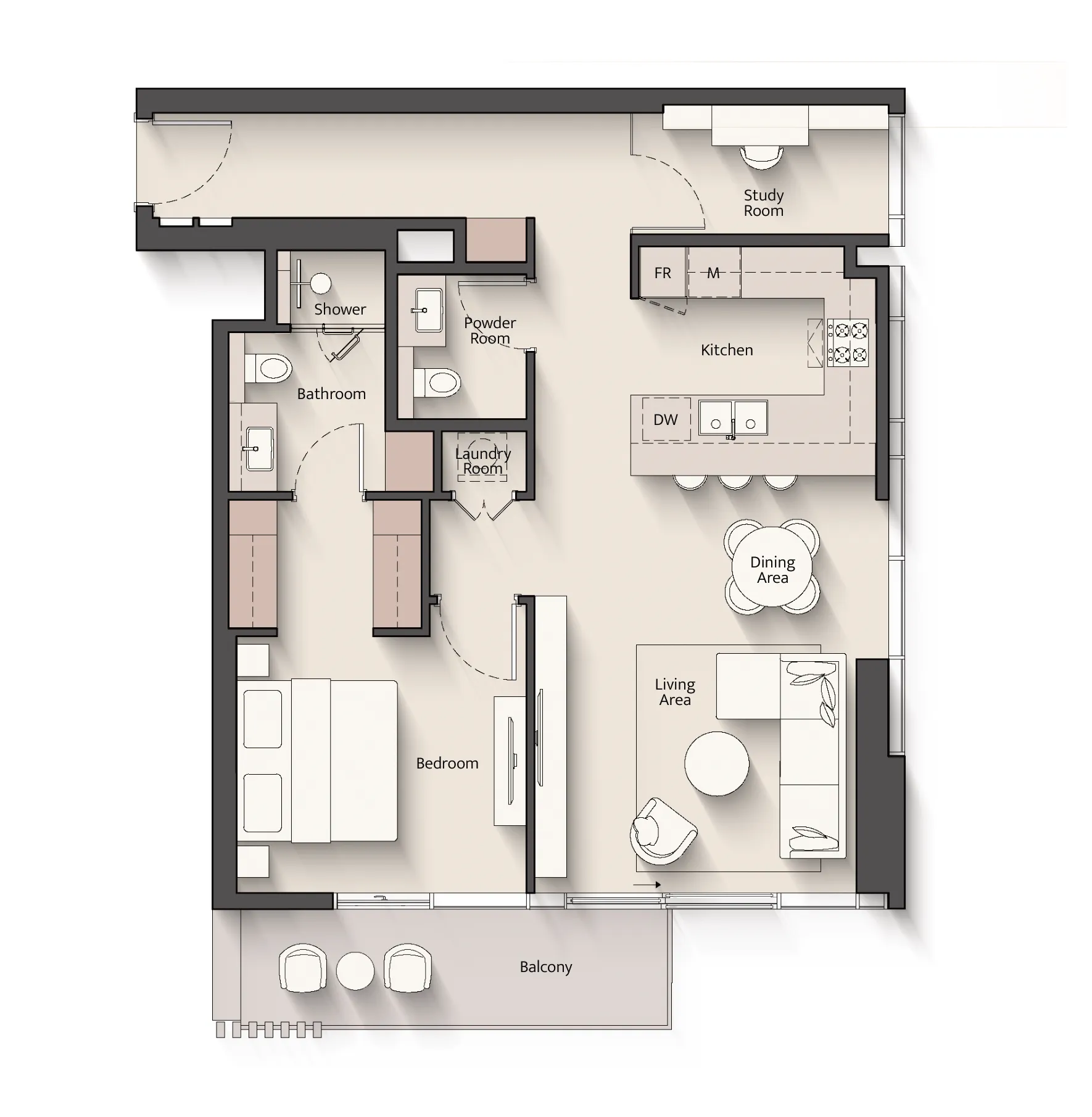 Everly Place 1 bed floor plan, 977 – 998 sqft