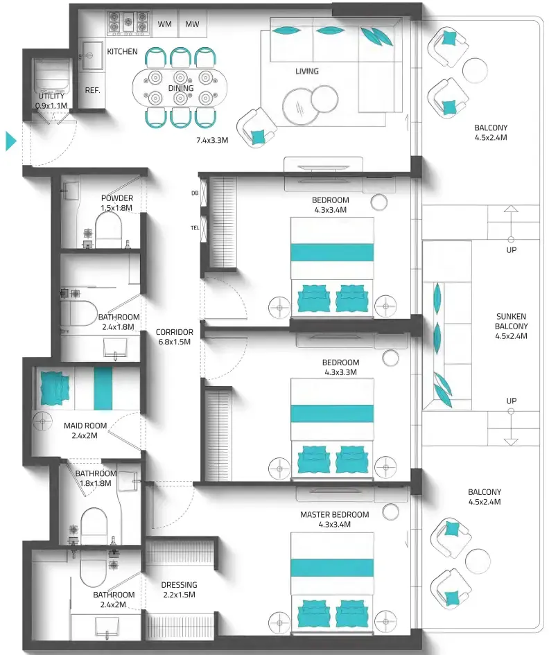 Reef 996 3 bed floor plan, 1,599 sqft