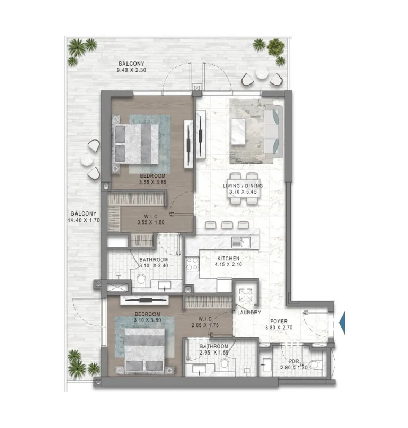 Damac Riverside Views 2 bed floor plan, 1,039 sqft