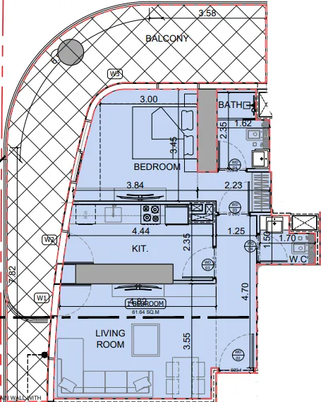 Binghatti Skyhall 1 bed floor plan, 992 – 993 sqft