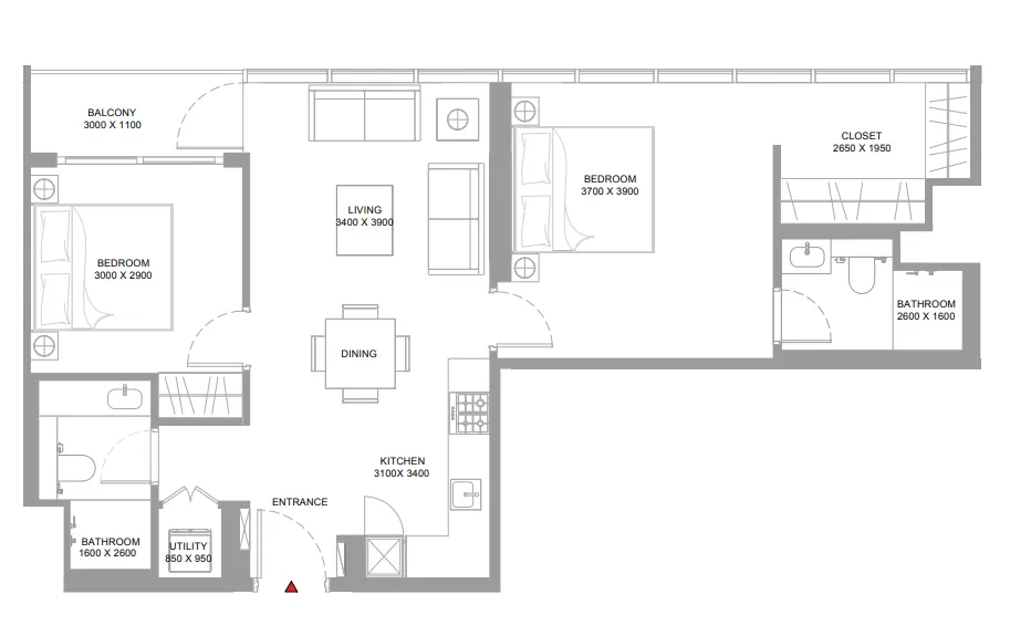 Bayside Marina Residences 2 bed floor plan, 841 sqft