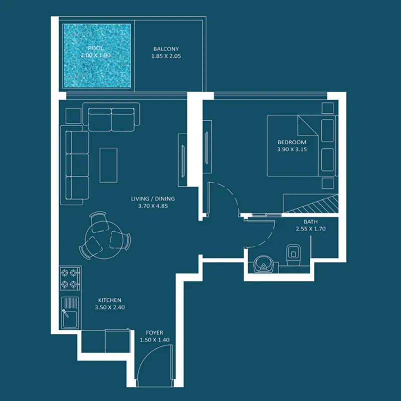 Oasiz 2 1 bed floor plan, 558 sqft