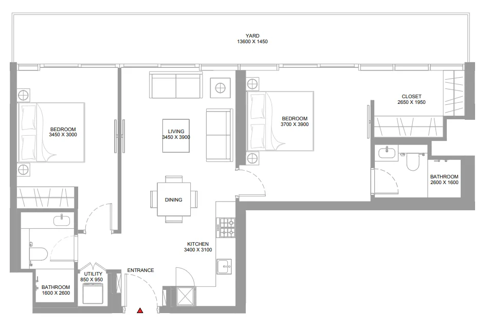Pierside Marina Residences 2 bed floor plan, 1,072 sqft