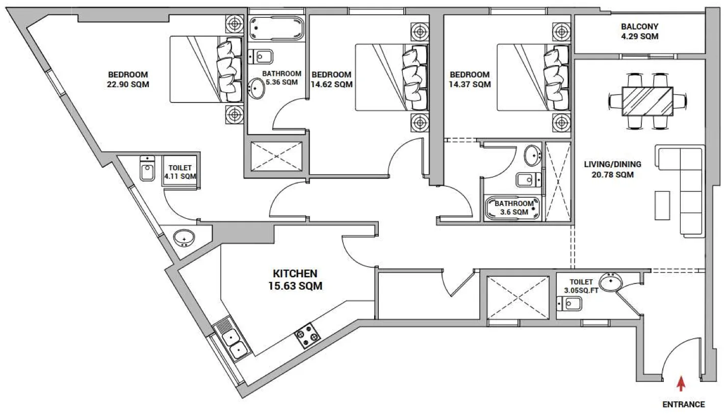 Nuaimia Two Tower 3 bed floor plan, 2,222 sqft
