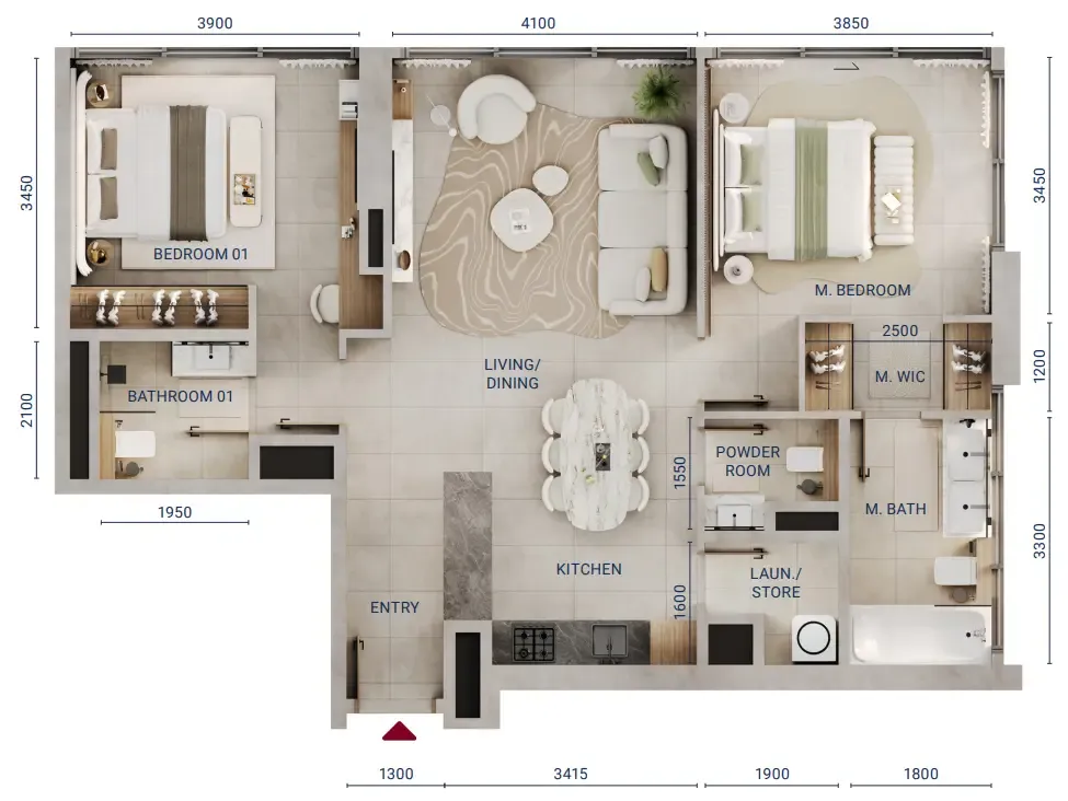Mirdad 2 bed floor plan, 1,001 – 1,004 sqft