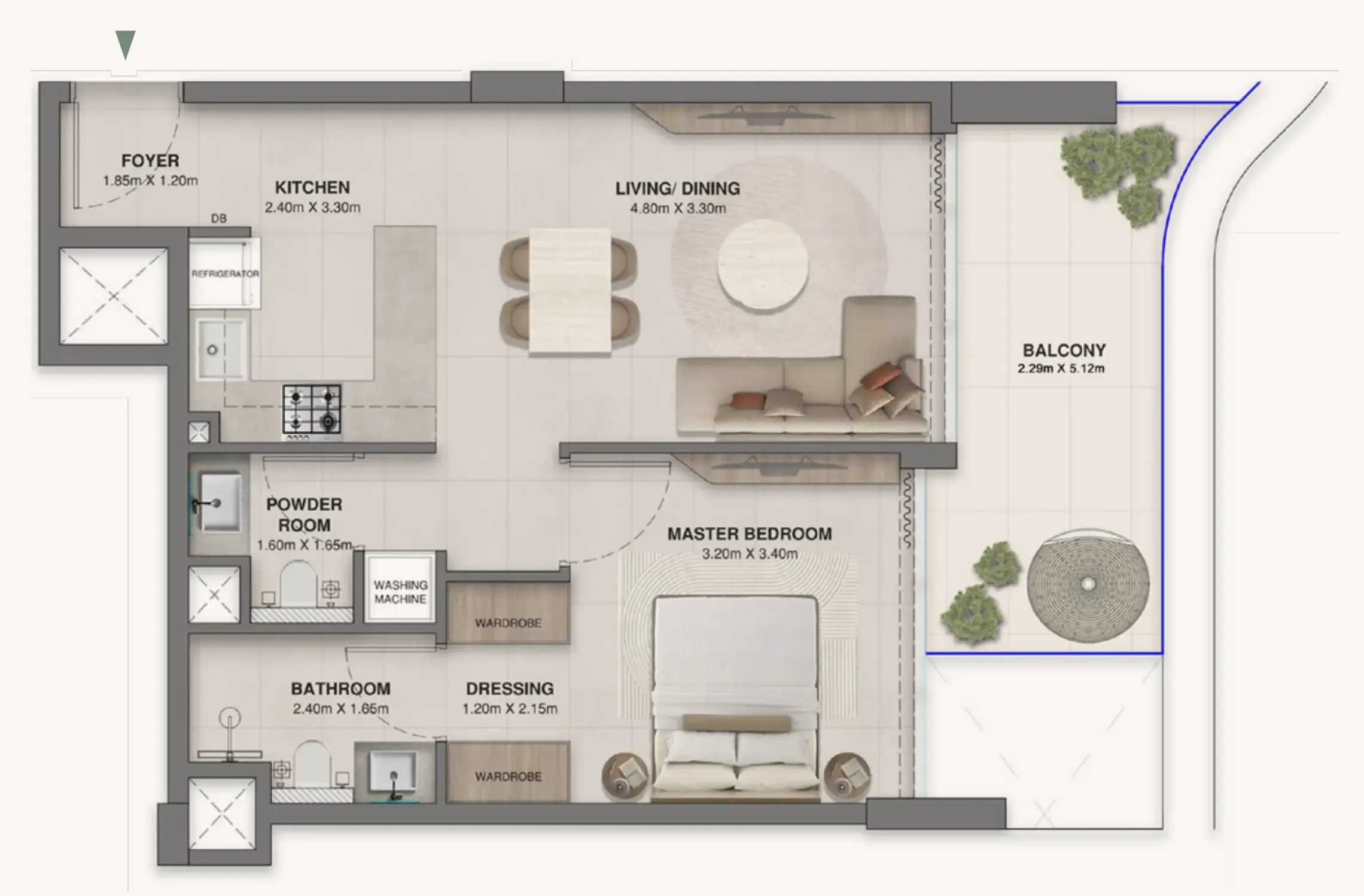 Woodland Crest 1 bed floor plan, 693 sqft