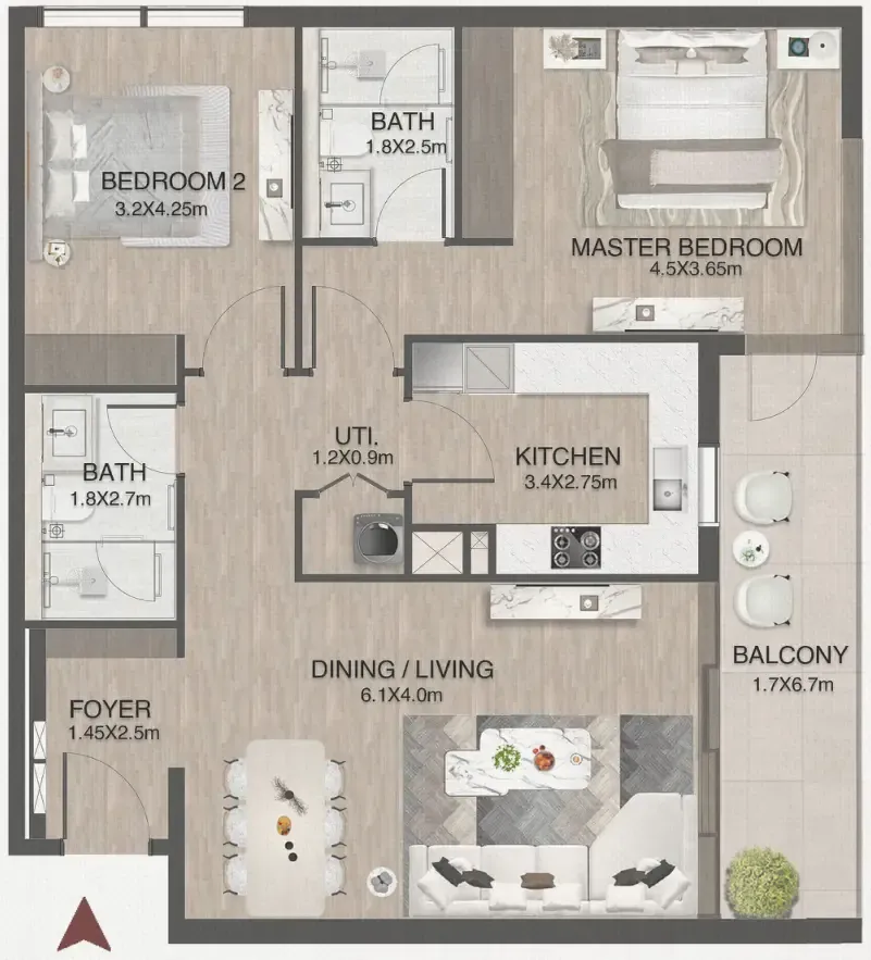 One by Nine 2 bed floor plan, 1,143 sqft
