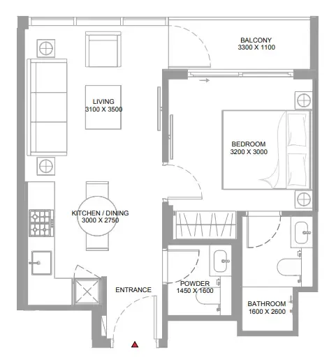 Pearlside Marina Residences 1 bed floor plan, 511 – 513 sqft