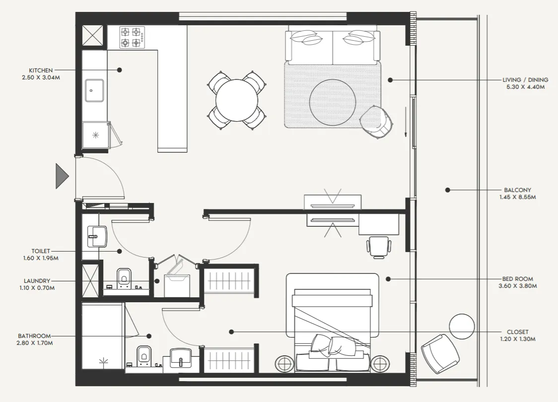 Azizi Amir 1 bed floor plan, 870 sqft
