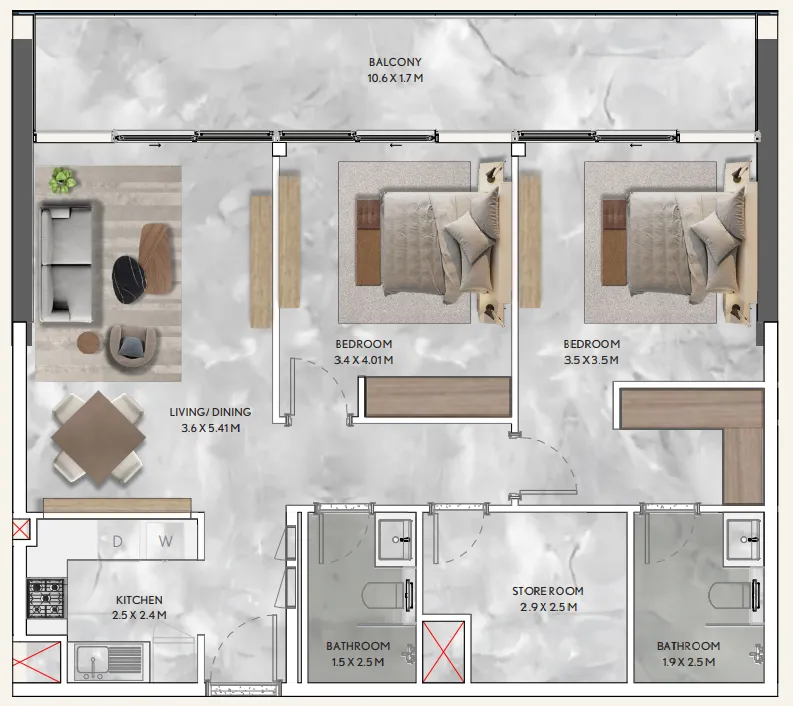 California Residences 2 bed floor plan, 1,159 sqft