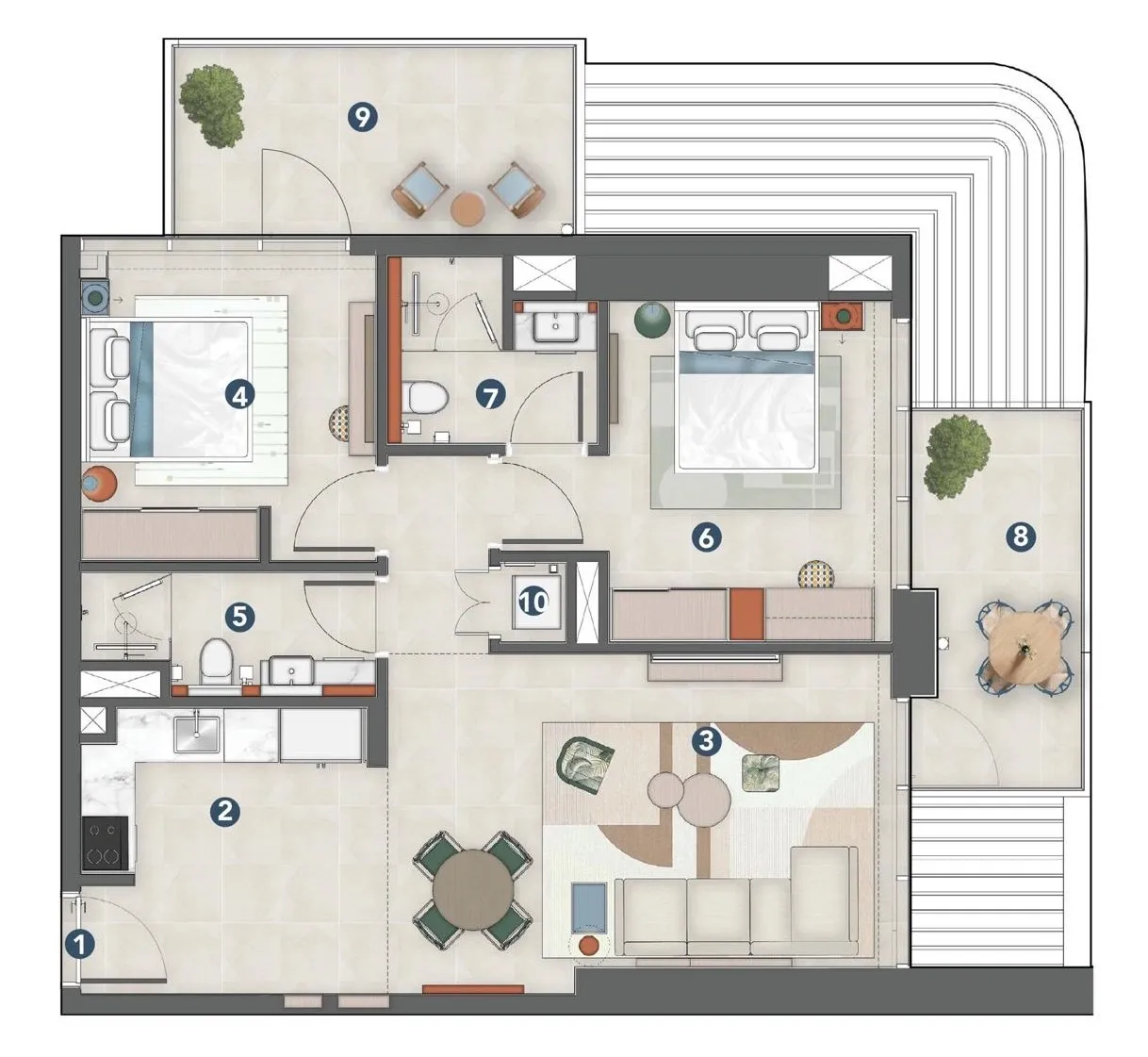 Rove Home Meydan Horizon 2 bed floor plan, 942 sqft